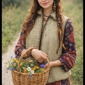 Vtg Christopher & Banks Hand Embroidered Oatmeal Zipper Sweater Vest Size 1x